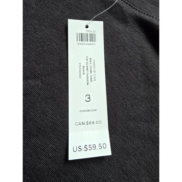 Chicos Black Tunic Top W/Silver Accent Stripes Size 3 (18/20 XL) Short Sleeves - Picture 5 of 8